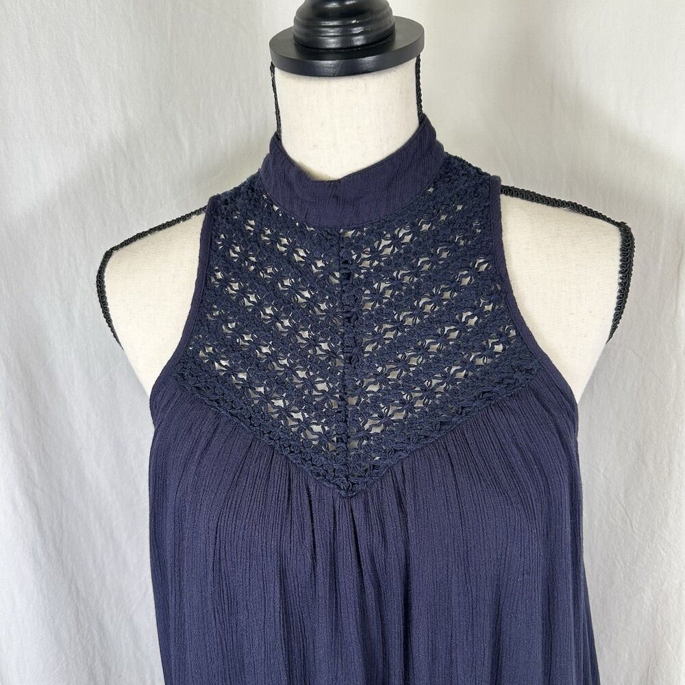 Band Of Gypsies Navy High Neck Crochet Crepe Gauze Dress Women’s M Boho - Picture 2 of 10